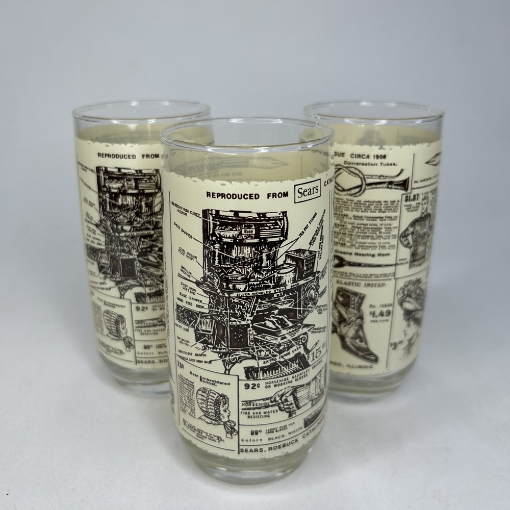 VTG Sears & Roebuck Drinking Glasses Repro of 1908 Catalogue Set of 3 Nostalgic
